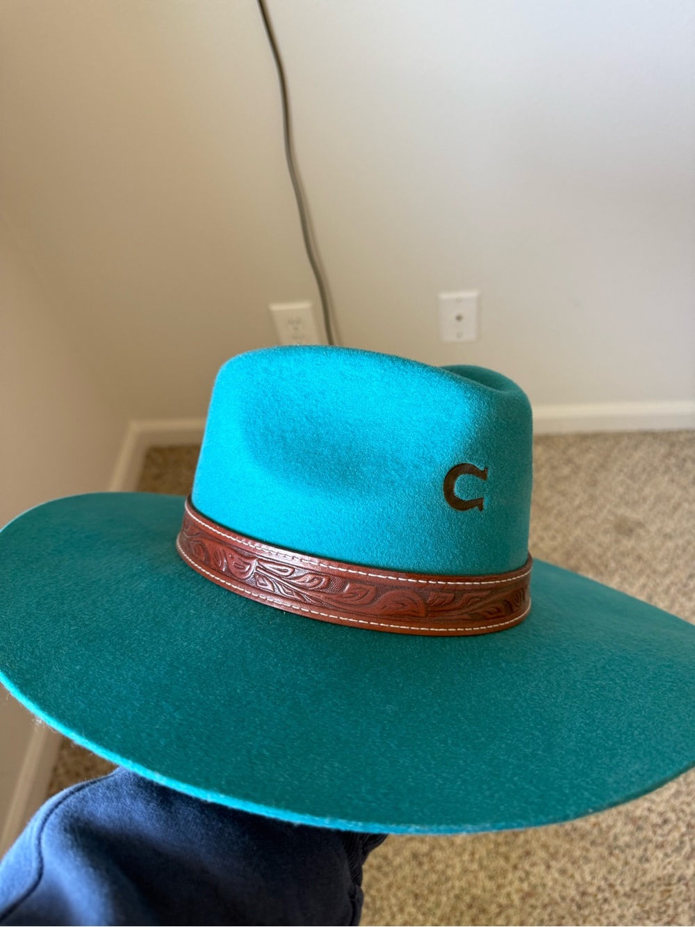 Teal Wide-Brim Wool Felt Hat with Leather Band